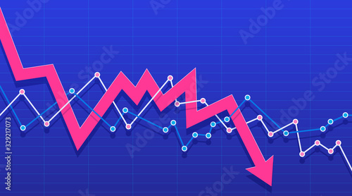 Arrow pointing downwards showing crisis. Stock or financial market crash with red arrow on a blue background. Vector illustration.