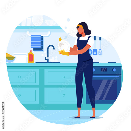 Young Woman Washing Dish Flat Vector Illustration. Housewife in Overalls and Rubber Gloves Cartoon Character. Homemaker Cleaning Dirty Plate with Sponge. Housekeeper Work, Household Chores