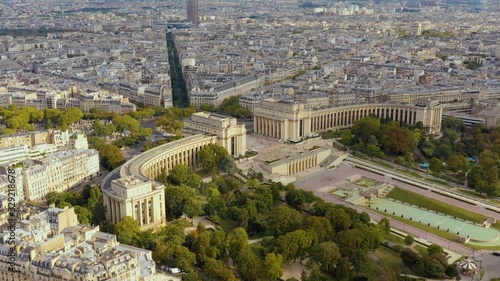 PARIS, FRANCE - MAY, 2019: Aerial drone view of the Chaillot palace and Trocadero garden near the Eiffel tower. photo