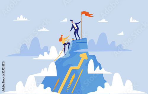 Young Man in Blue Suit and Tie, Making Reach for His Partner, Persistent Woman, to Help Her to Get on Mountain Top. Success in Business is Compared with Climbing High Hills. Teamwork and Support.