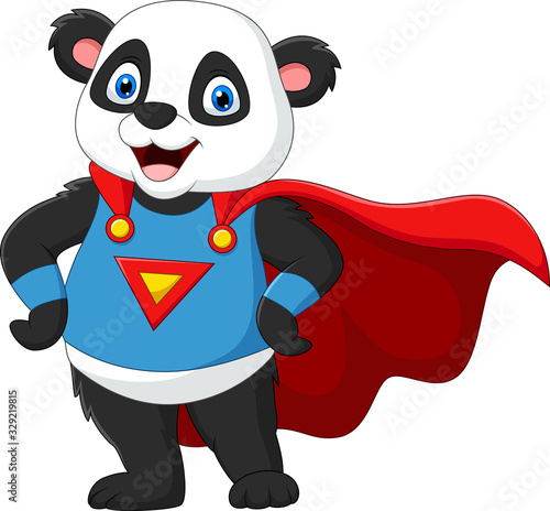 Cartoon superhero panda posing with a red cloak