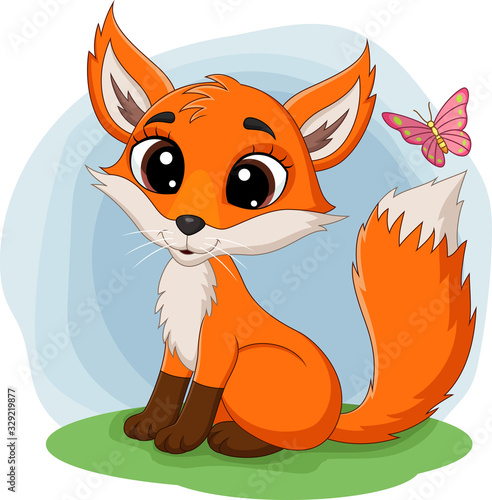 Cartoon happy fox sitting on grass