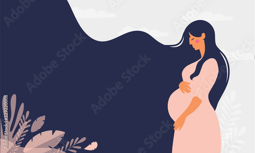 Modern banner about pregnancy and motherhood. Poster with a beautiful young pregnant woman with long hair and place for text. Minimalistic design, flat cartoon vector illustration. photo