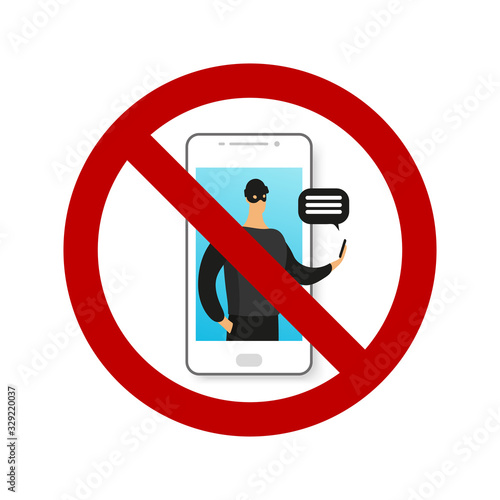 Online phone scam. Prohibition sign. Male character commits a crime, illegal action using the phone. Social Engineering. Modern vector illustration isolated on white background