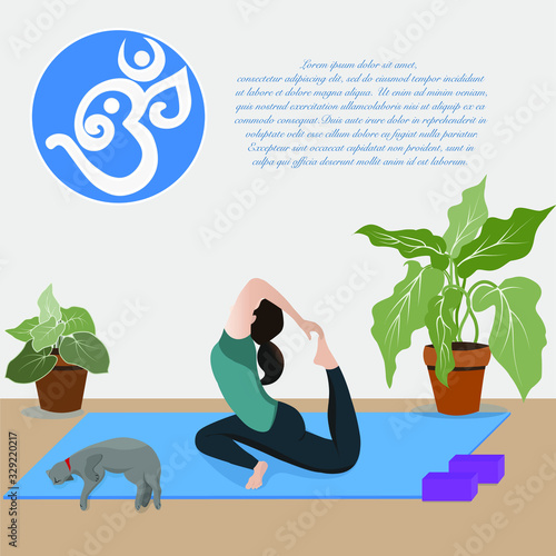 Woman sitting yoga pose with flowerpots and bed cat. Yoga class recreation. Vector Illustration.