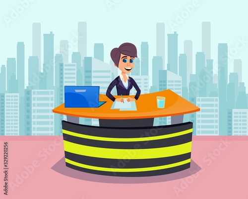 Friendly Smiling Pretty Anchowoman on TV Broadcast. Female Cartoon Media Character. Lady Newsreader or Journalist Sitting at Desk with Laptop and Glass of Water. Vector Flat Illustration