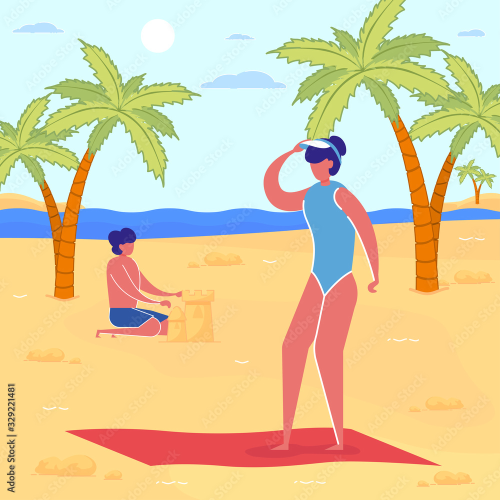 Family Tropical Vacation at Seaside. Mother and Son on Sea Beach at Sunny Day Vector Illustration. Woman Relax Sunbathe, Boy Building Sandcastle. Ocean Shore Recreation. Summer Holidays Travel