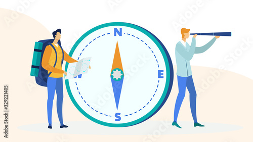 Backpackers Travelling Flat Vector Illustration. Male Friends, Tourist, Explorer with Spyglass near Huge Compass, Looking for Direction. Cartoon Hitchhiker with Backpack, Holding Map with Route