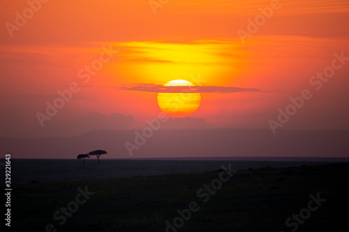 Very colourful setting sun over Masai Mara Plains  Kenya Africa 