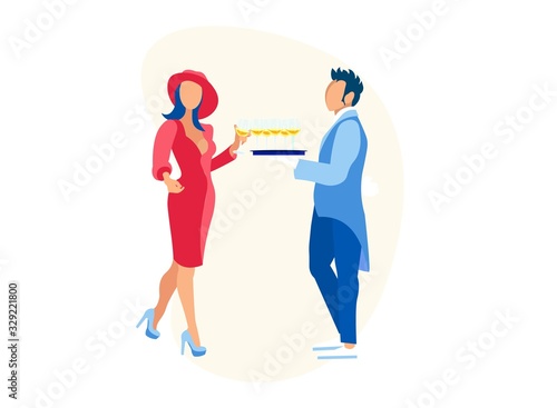 Man Waiter in Uniform Offer Tray with Glasses of Wine to Fashioned Woman Guest Model in Trendy Clothing Isolated on White Background, Dinner Party, Event Celebration Cartoon Flat Vector Illustration