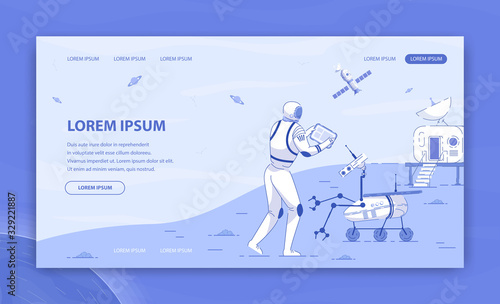 Banner Management Rovers and All-terrain Vehicles. Choosing Best Colony Location for Space Colonization. Astronaut Spacesuit Gives Commands to Robots from Tablet. Vector Illustration.