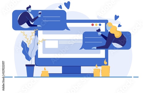 Online Dating Website Flat Cartoon Vector Illustration. Man and Woman Drinking Wine and Sending Messages. Chatting in Social Media, Networks. Computer Screen with Couple Communicating.