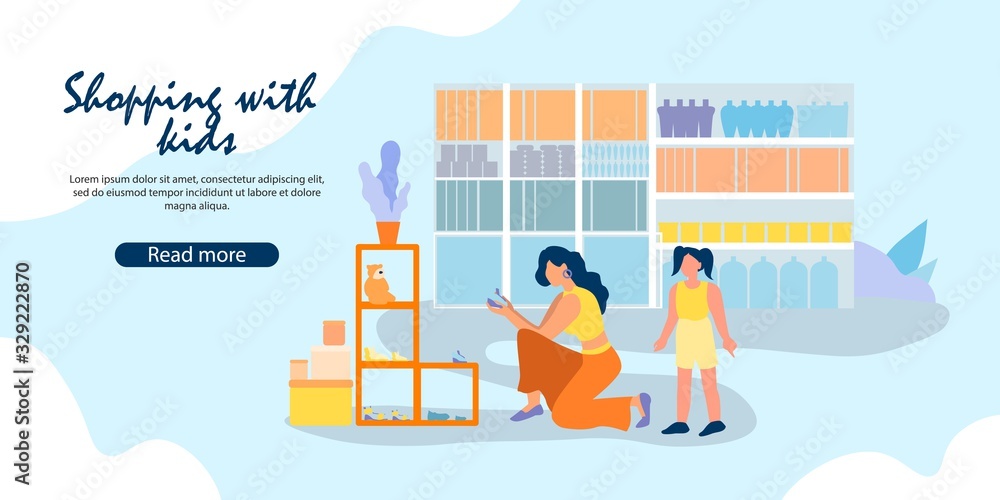 Mother and Daughter Shopping in Supermarket. Woman Stand on Knee at Shelf with Kids Footwear Look on Shoes for Girls in Footgear Department in Store Cartoon Flat Vector Illustration, Horizontal Banner