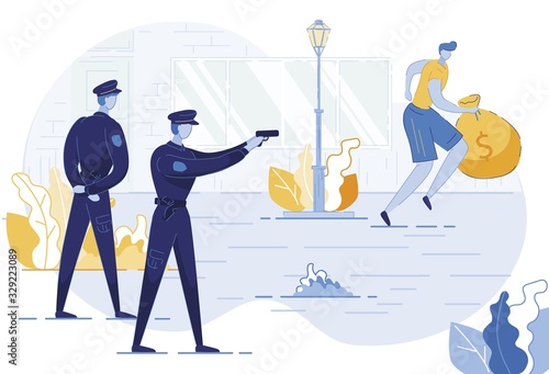 Policeman Shooting in Robber Vector Illustration. Police Officers Persecuting Burglar Cartoon Characters. Thief Carrying Sack with Money. Cops Aiming Gun at Lawbreaker. Bank Robbery Case