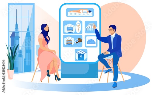 Woman and Man Presenters, Sitting in Trendy Studio by Infomercial Stand, Discussing Orthopedic Mattresses with Natural Cotton or Coconut Fiber, Having Waterproof Cover and Massage Properties.
