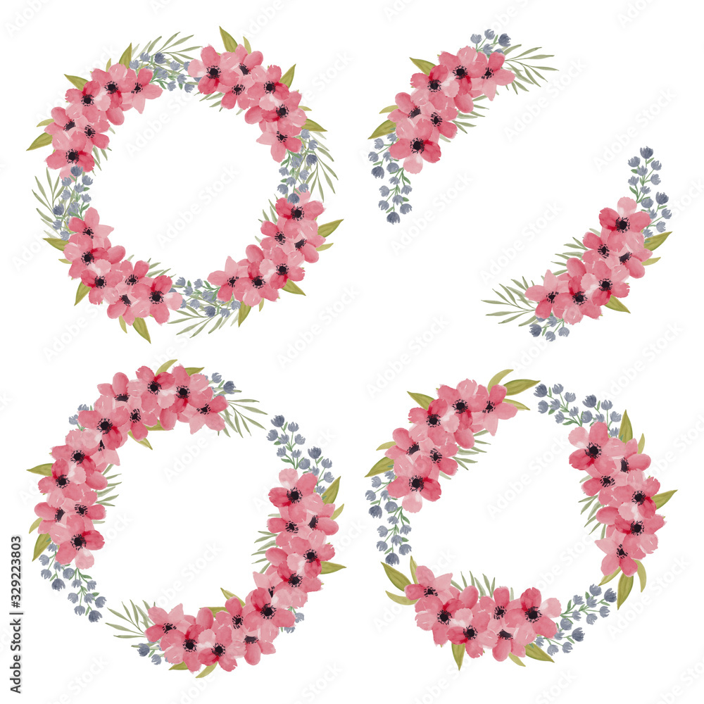 Watercolor pink petal flower wreath collection