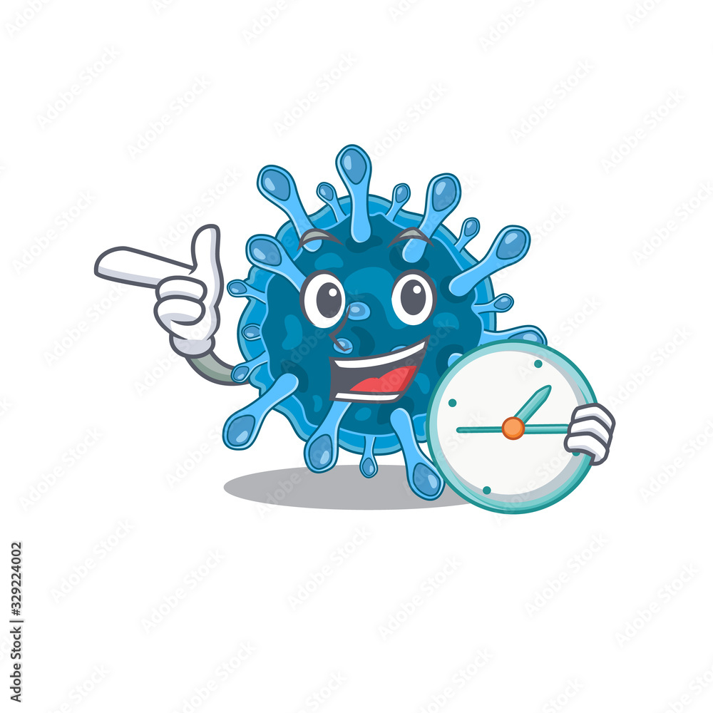Cheerful microscopic corona virus cartoon character style with clock