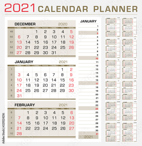 Calendar planner template 2021. Week start from Sunday. 3 month calendar on page, with flush right stripe calendar of the topical month. Ready for print. Vector Illustration