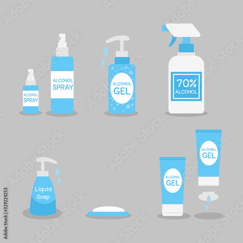 Set of Alcohol Gel, Alcohol Spray, Soap, Liquid Soap. kill virus by Wash hand and spray hand.Medical Health care concept,