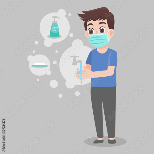 Man wearing a surgical protective Medical mask for prevent virus Wuhan Covid-19.Corona virus, washing hand with soap, Liquid soap. Health care concept.