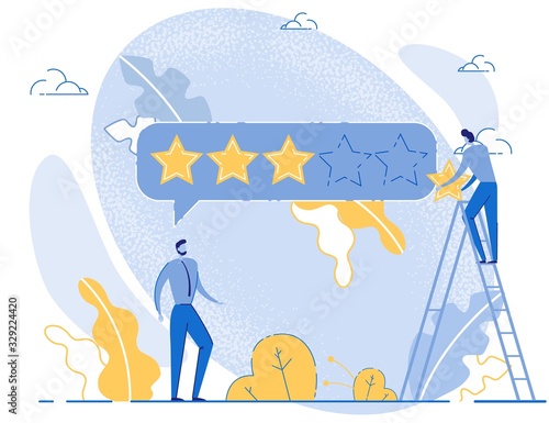 Media Service, Team Work or Company Evaluation. Men Giving Four Cartoon Gold Stars. Ranking and Review. Followers Feedback. Success Rating. Businessmen Characters. Vector Flat Illustration