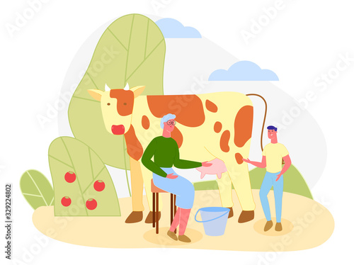 Grandson, Trying to Milk Spotted Cow Under Grannys Guidance in Open. Teenage Boy, Spending Summer with His Beloved Grandmother, Living in Country House. Bushes with Red Ripe Fruit in Garden.