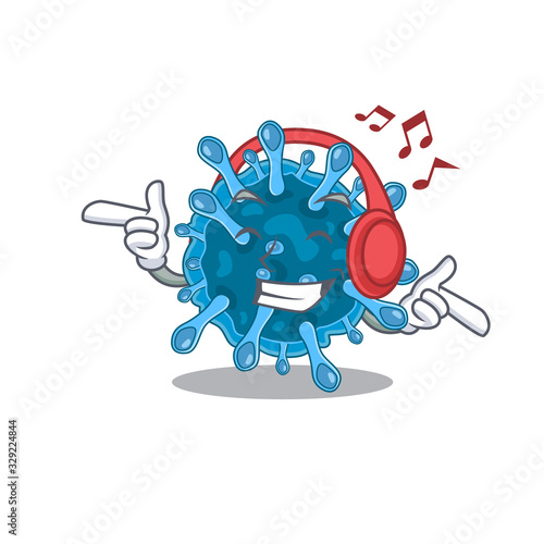 enjoying music microscopic corona virus cartoon mascot design
