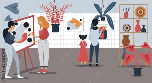 Art Сreativity Space. Hobby Place with Masterclass. Girl Blonde Draws Abstract Picture, Brunette Observes. Mom, Daughter View Paintings. Plants, Handmade Dishes, Brushes. Vector Flat Illustration photo