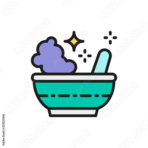 Potion bowl, magic mortar and pestle flat color line icon.