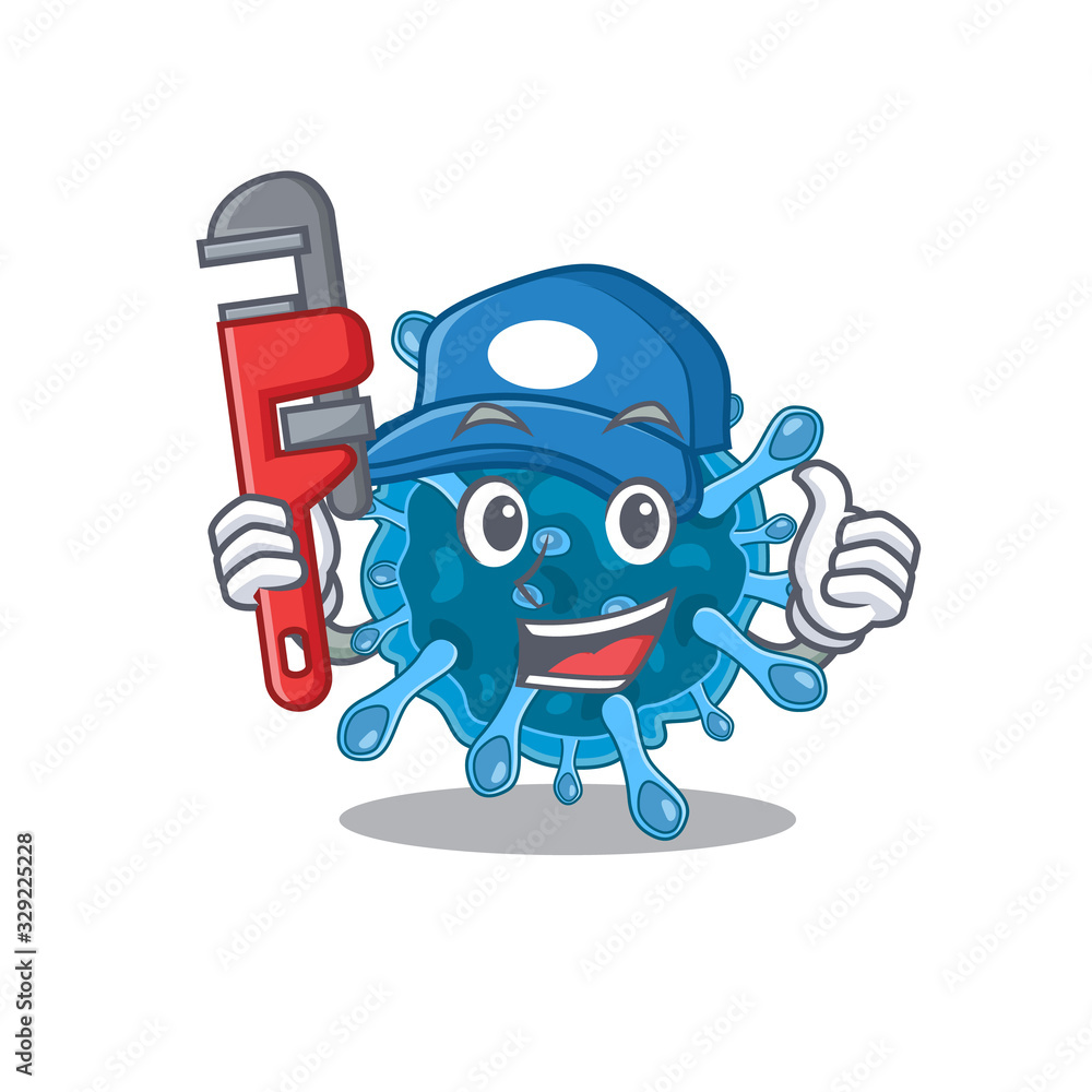 Fototapeta premium Smart Plumber microscopic corona virus on cartoon character design