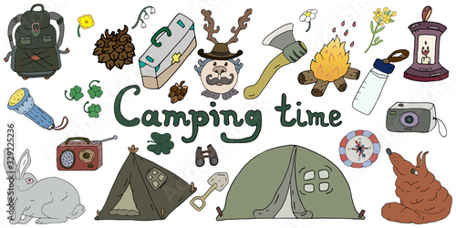 Camping elements. Big set of doodle. Forester, tent, hare, fox, flashlight, backpack, radio, ax, shovel, bottle, compass, binoculars, bonfire, first aid kit. Hand drawn vector isolated on a white.
