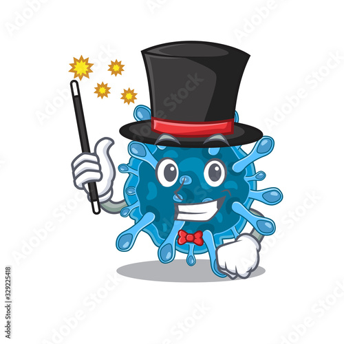 Charming microscopic corona virus cartoon design performance as a Magician style