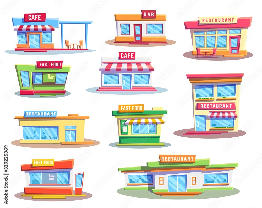 Building icons of fast food restaurant and cafe