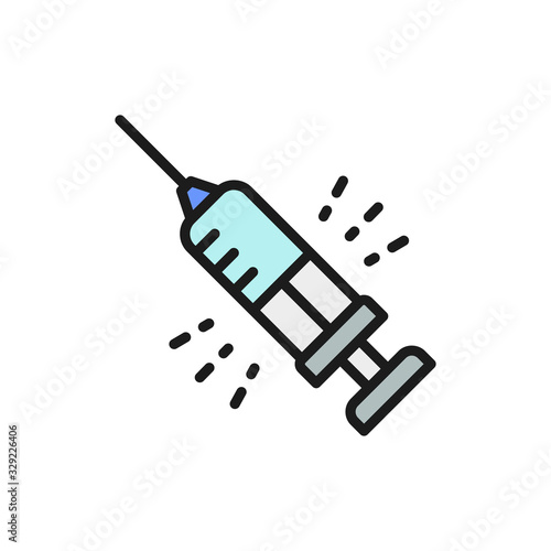 Insulin syringe, medical needle flat color line icon.