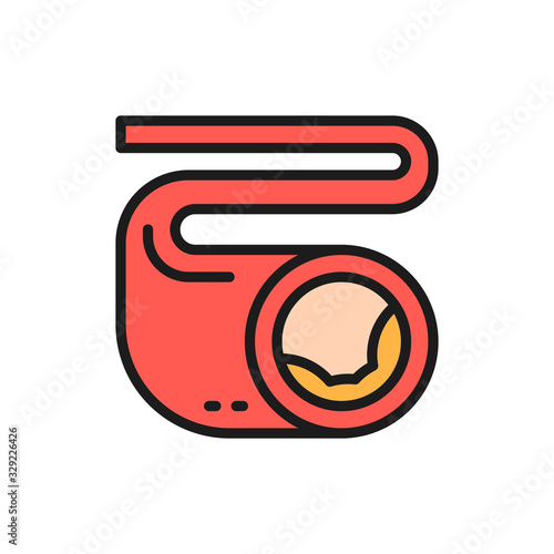 Artery with cholesterol buildup, atherosclerosis flat color line icon.
