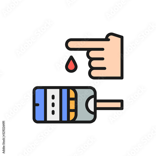 Blood sugar test, glucometer, glucose, diabetes flat color line icon.