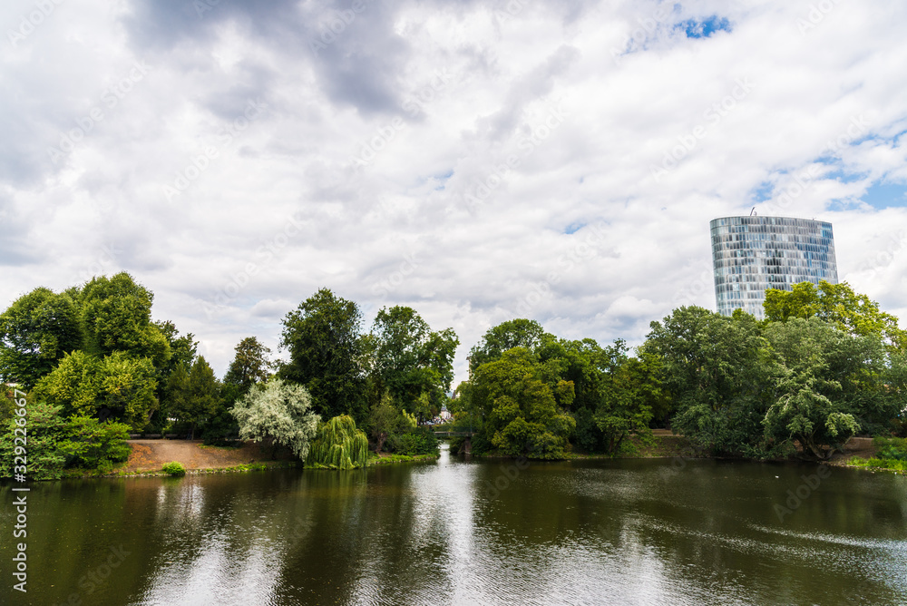 View at Kaiserteich pond in Standehaus park in Dusseldorf, Germany