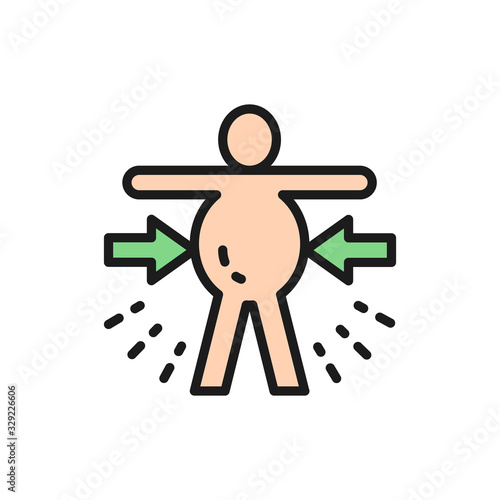 Abdominal distention, obesity, stomachache flat color line icon.