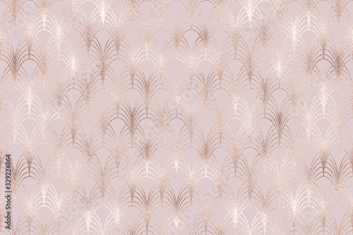 Art deco seamless pattern with rose gold feather scales and pink glitter texture. 