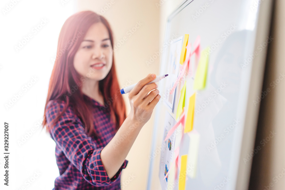 Close up of female worker using a whiteboard marker pen on a whiteboard, representing planning and brainstorming ideas of the business, working in an office room within a meeting talking to colleagues Close up of female worker using a whiteboard marker pen on a whiteboard, representing planning and brainstorming ideas of the business, working in an office room within a meeting talking to colleagues