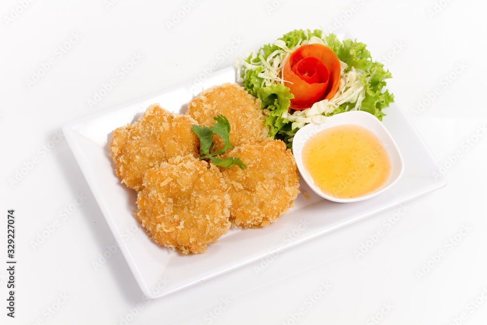 Thai food fried shrimp cake white dish isolated Thai food fried shrimp cake white dish isolated