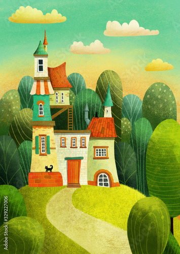 Magical crazy house or castle on the hill in the forest with trees, cats, clouds and road.