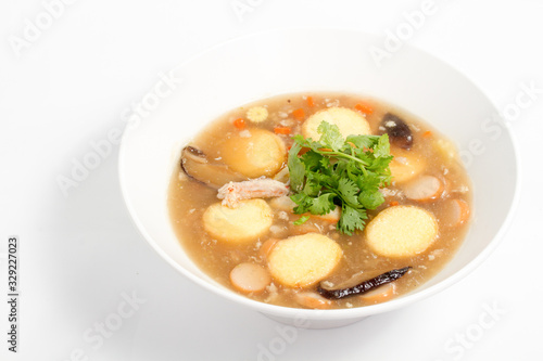 Thai food tofu soup white dish isolated