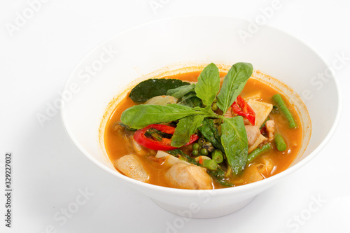 Thai food spicy chicken soup white dish isolated