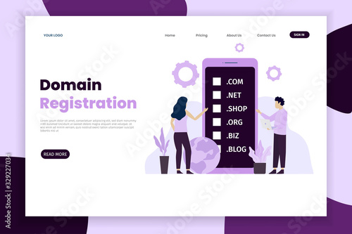 Domain name and registration concept landing page with phone. Landing page template