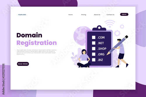 Domain registration concept landing page with character. Landing page template