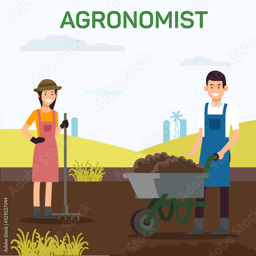 Woman with Rake and Man with Wheelbarrow on Field. Businessman in Business Suit. Vector Illustration. Recruitment Agency. Management and Organization. Agronomist on Field. Work in Garden.
