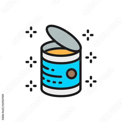 Opened can, food tins flat color line icon.