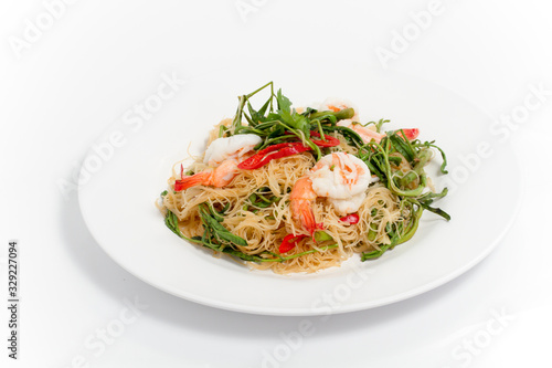Thai food stir fried noodle white dish isolated
