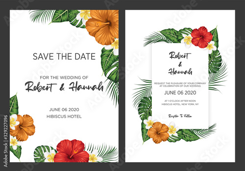 wedding invitation with tropical leaves environment